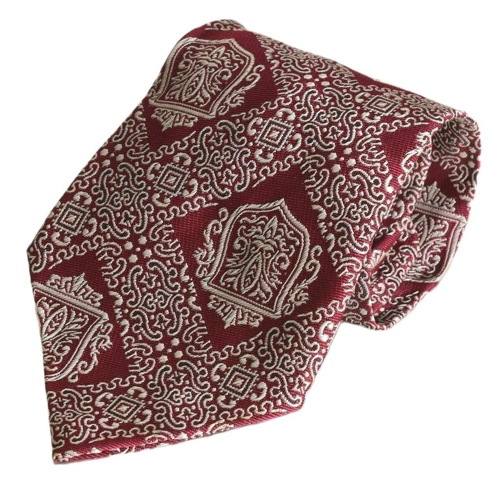 70s Vintage Shield Scroll Print Baroque Heraldic Necktie Red Dark Academia